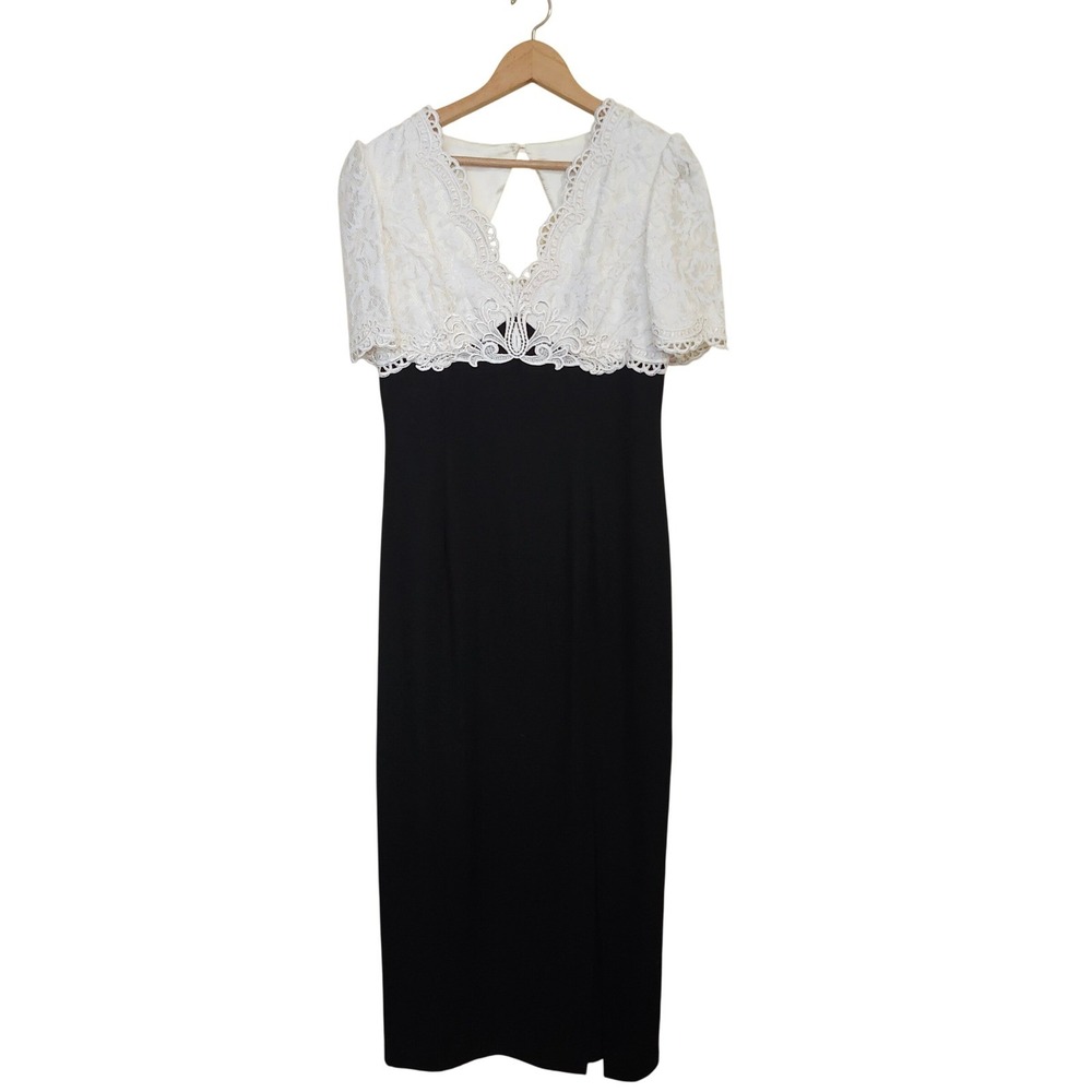 Vintage 90s Jessica McClintock Cocktail Dress 10 Dillard's Black White Lace Maxi